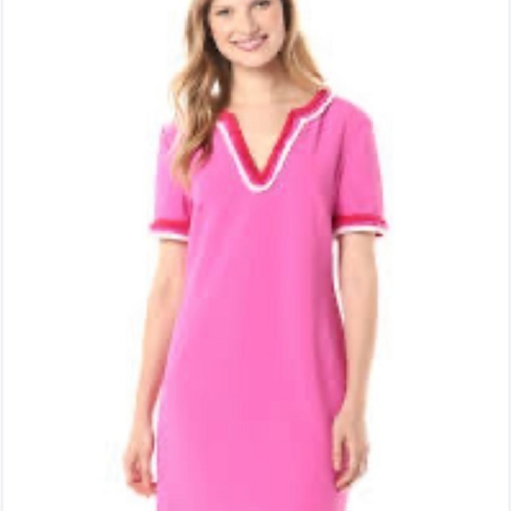 TRINA TURK Dress 4 Hot Pink Fringe Crepe‎ Sheath Mini Preppy Resort Vacation